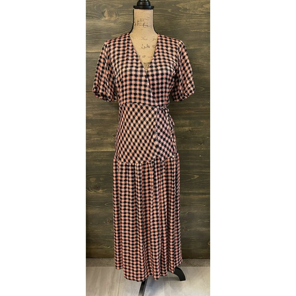 Topshop Women's Wrap Plunge V Neck Checkered Print Midi Dress Size 2 Small - Picture 2 of 11